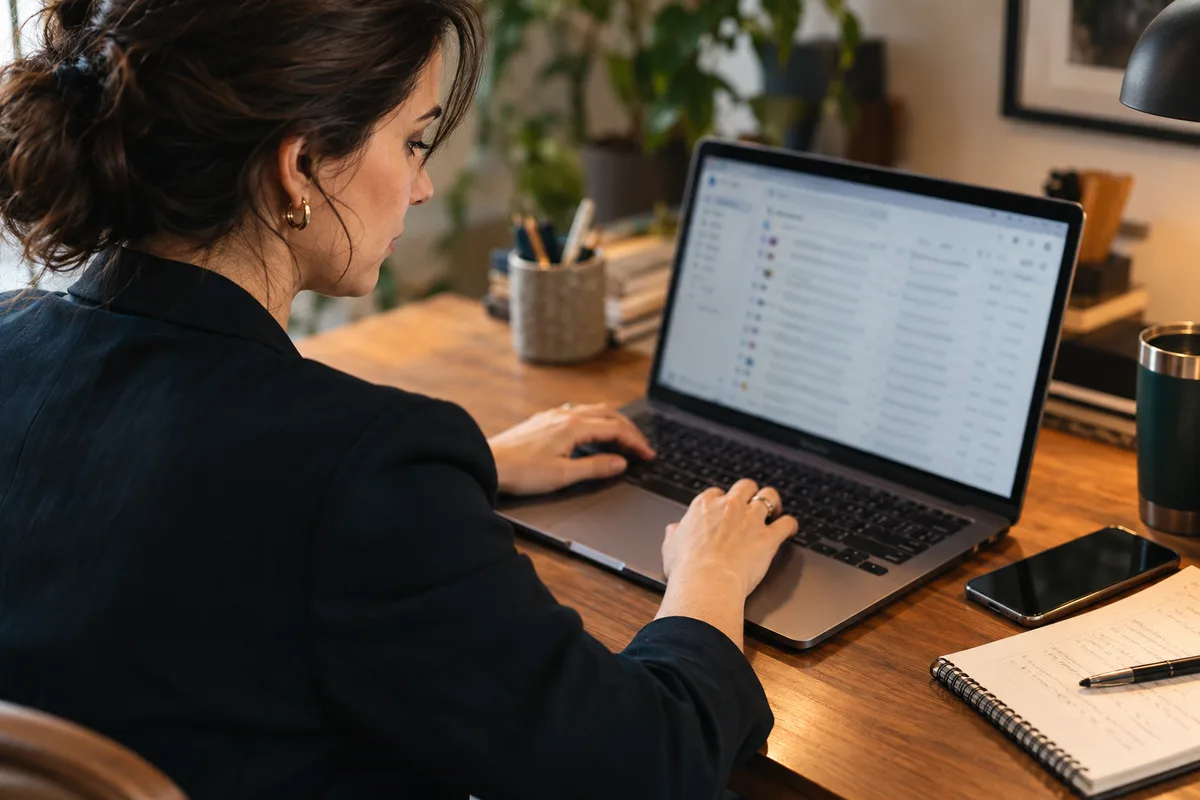 Profissional organizando e-mails e documentos